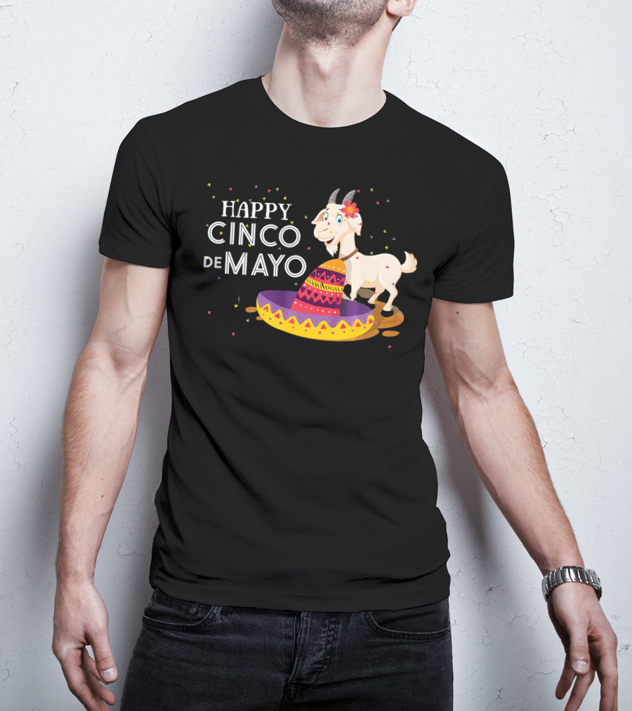 Happy Cinco De Mayo Funny Goat With Sombrero And Colorful Confetti T-Shirt
