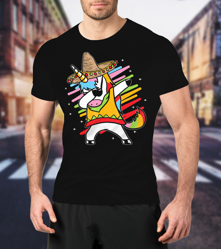 Dabbing Unicorn Cinco De Mayo Sombrero Rainbow Mexican Colors T-Shirt