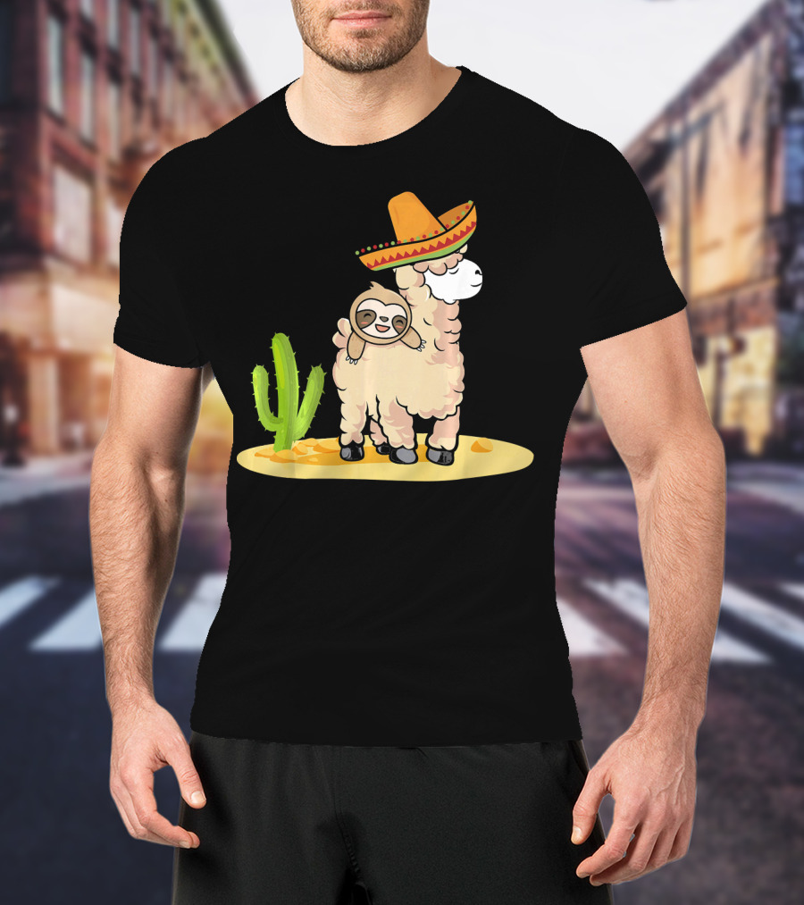 Cinco De Mayo Mexican Llama Sloth Riding Sombrero Cactus Desert Scene T-Shirt