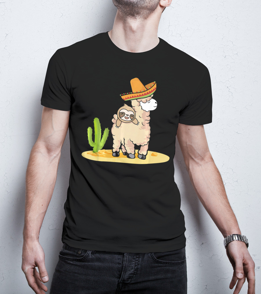 Cinco De Mayo Mexican Llama Sloth Riding Sombrero Cactus Desert Scene T-Shirt