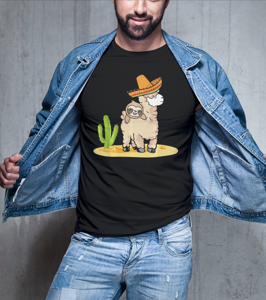 Cinco De Mayo Mexican Llama Sloth Riding Sombrero Cactus Desert Scene T-Shirt