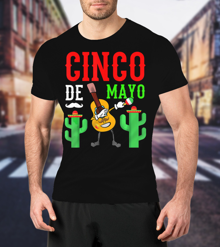Cinco De Mayo Dabbing Guitar With Cactus And Mustache T-Shirt