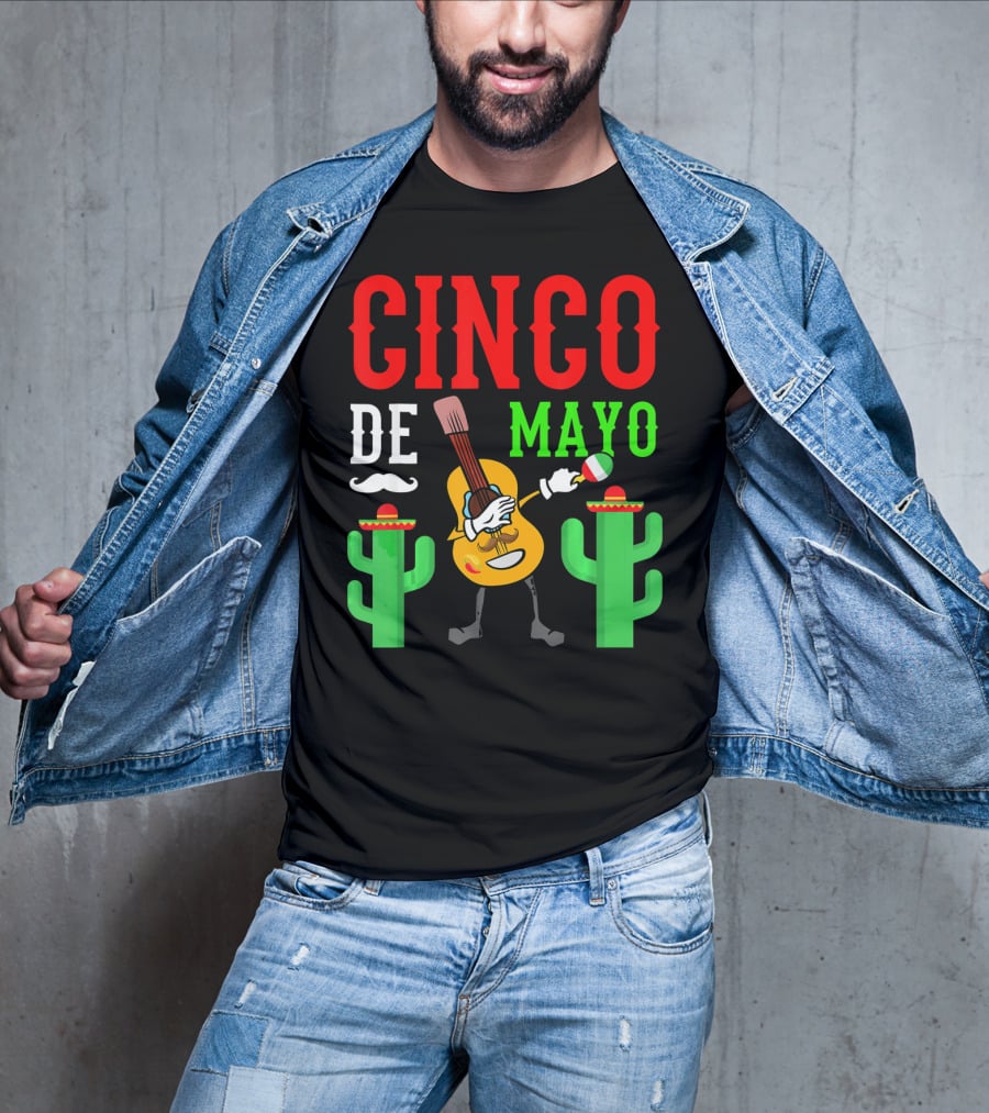 Cinco De Mayo Dabbing Guitar With Cactus And Mustache T-Shirt