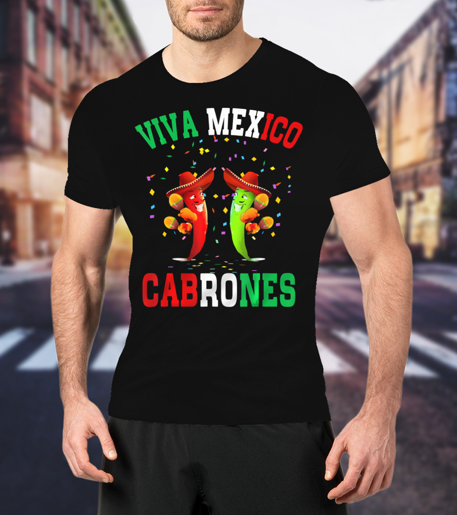 Viva Mexico Cabrones Red Green Chili Peppers Sombreros Confetti T-Shirt