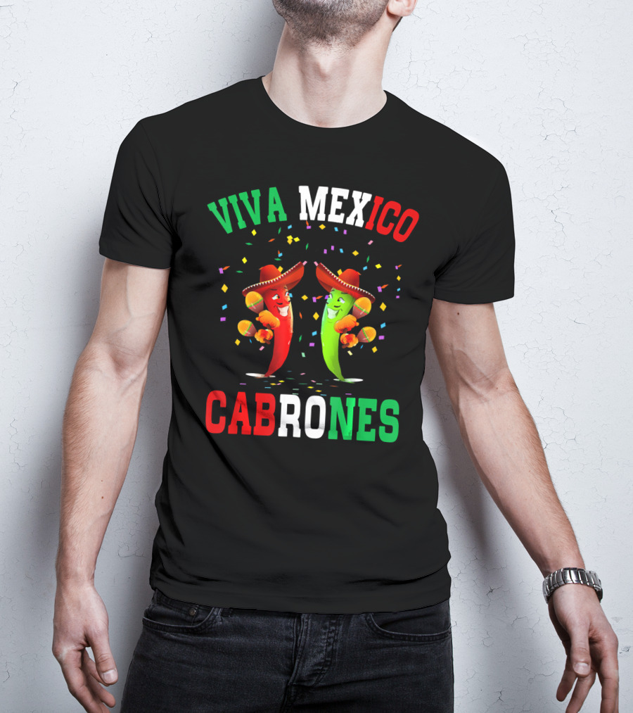 Viva Mexico Cabrones Red Green Chili Peppers Sombreros Confetti T-Shirt
