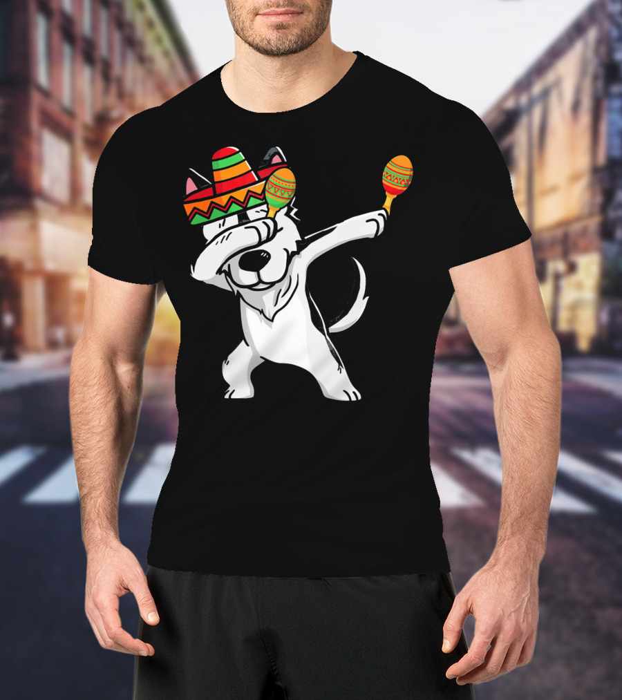 Dabbing Husky With Sombrero And Maracas Funny Cinco De Mayo T-Shirt