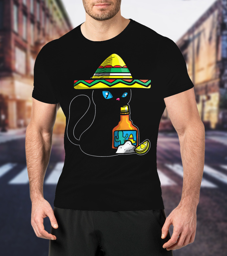 Cinco De Mayo Women With Cat In Sombrero Holding Tequila And Lime T-Shirt