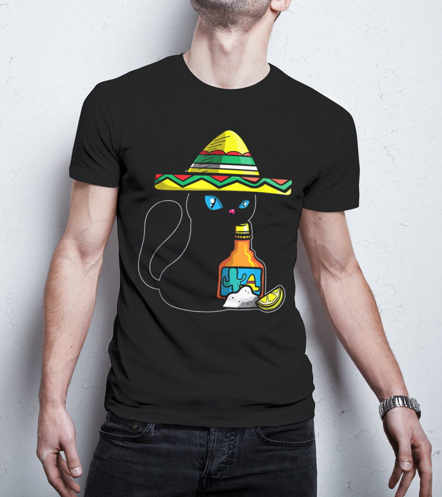 Cinco De Mayo Women With Cat In Sombrero Holding Tequila And Lime T-Shirt
