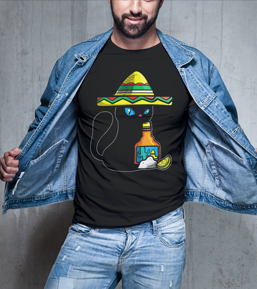 Cinco De Mayo Women With Cat In Sombrero Holding Tequila And Lime T-Shirt