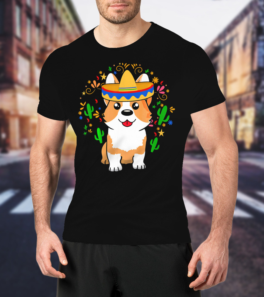 Cinco De Mayo Corgi Dog With Sombrero And Cacti T-Shirt