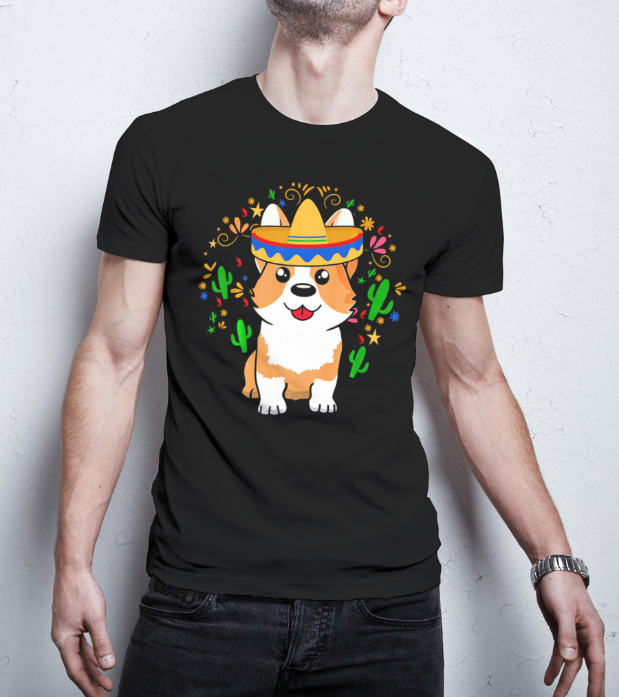Cinco De Mayo Corgi Dog With Sombrero And Cacti T-Shirt