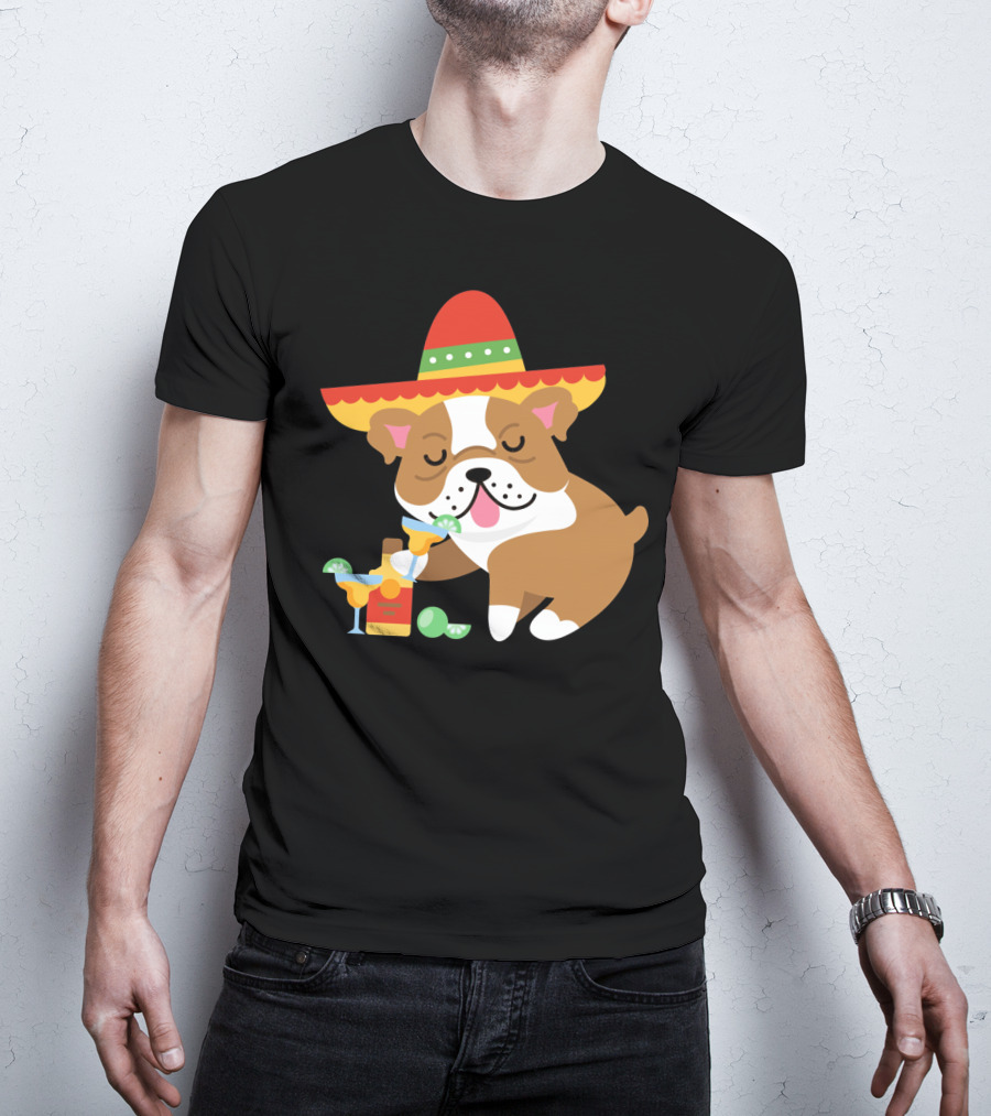 Bulldog Margarita Funny Mexican Sombrero Dog Cinc Party T-Shirt