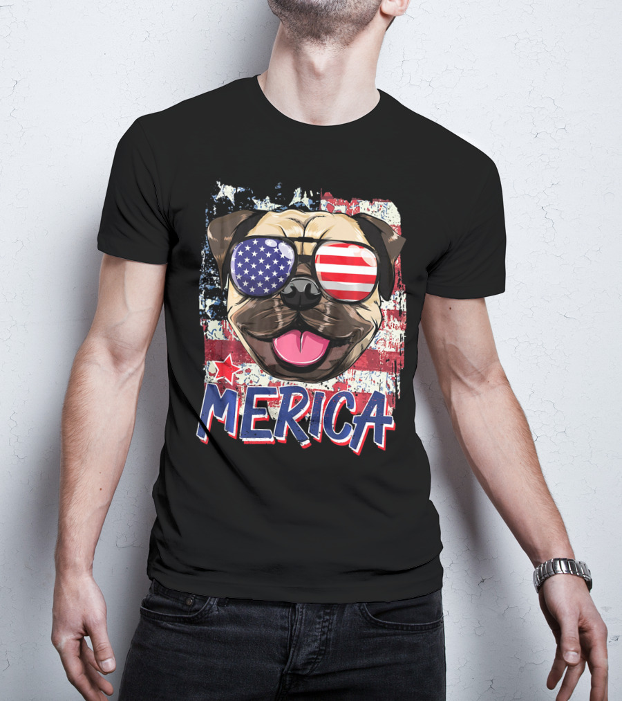 American Flag Pug Dog Merica Sunglasses USA T-Shirt