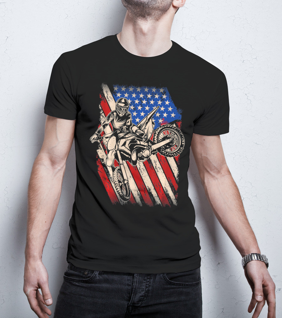 Vintage Dirt Bike Motocross With American Flag Background T-Shirt