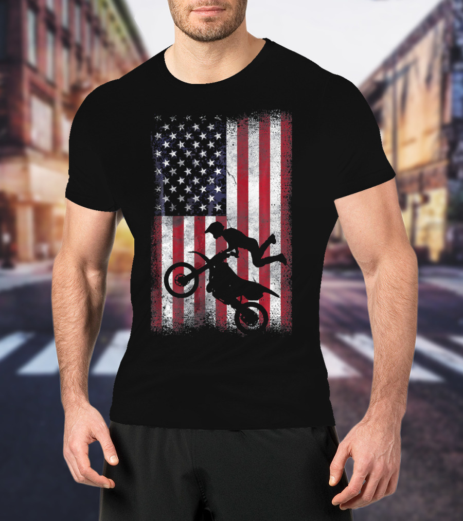 American Flag Motocross Rider Silhouette Patriotic USA T-Shirt