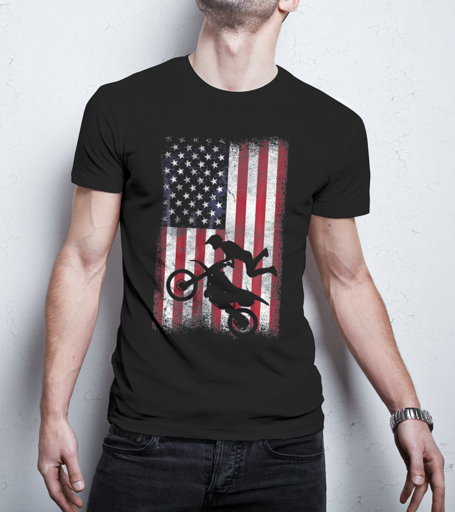 American Flag Motocross Rider Silhouette Patriotic USA T-Shirt