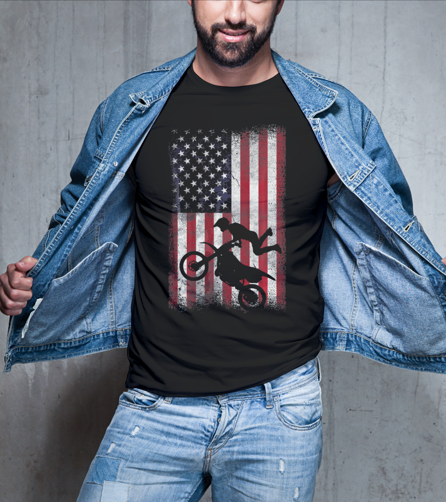 American Flag Motocross Rider Silhouette Patriotic USA T-Shirt