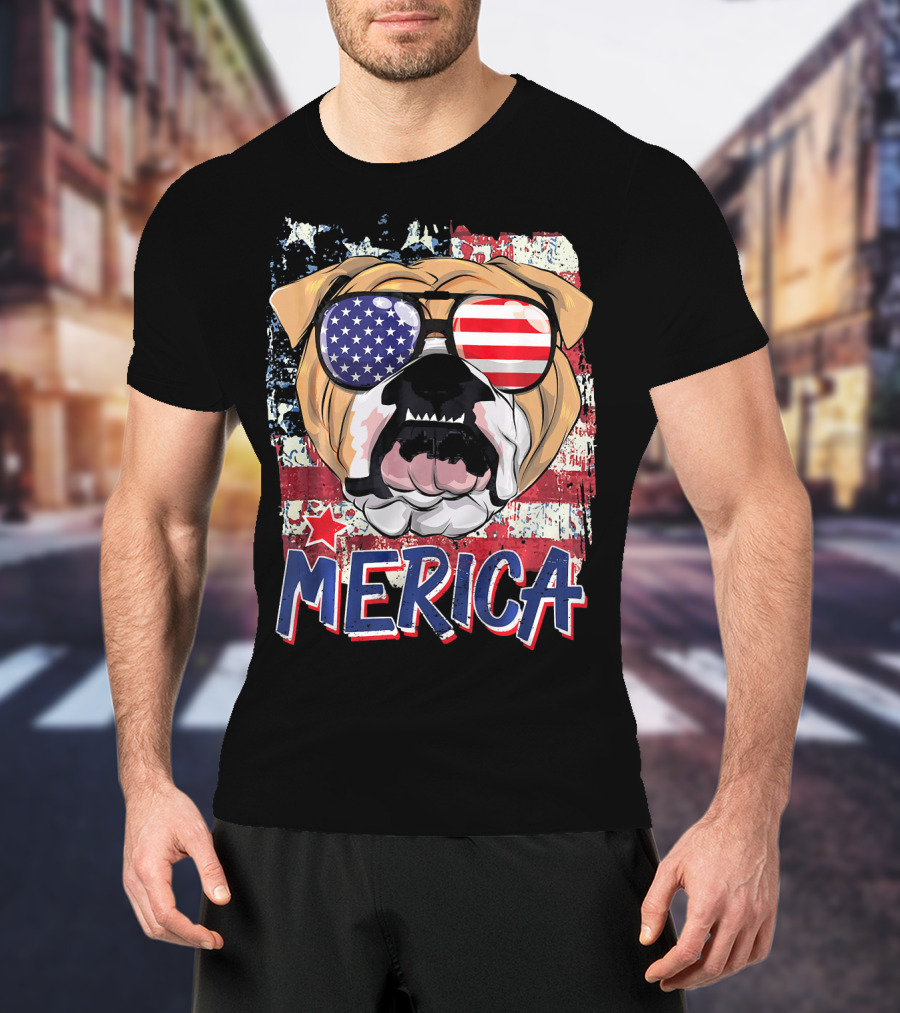Merica Bulldog With American Flag Sunglasses T-Shirt