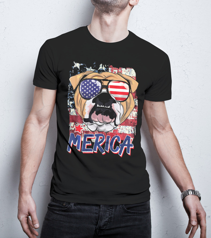 Merica Bulldog With American Flag Sunglasses T-Shirt