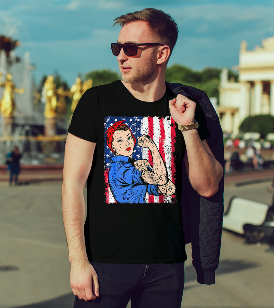 Rosie The Riveter Feminist Patriotic USA American Flag Iconic Empowerment T-Shirt