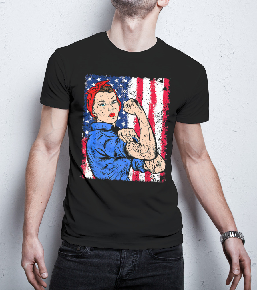 Rosie The Riveter Feminist Patriotic USA American Flag Iconic Empowerment T-Shirt
