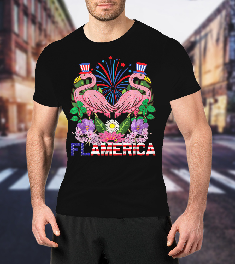 Flamerica Flamingo Fireworks Uncle Sam Hat Botanical T-Shirt