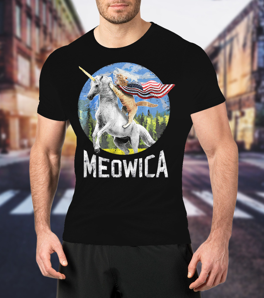 Meowica Cat Riding Unicorn With American Flag T-Shirt