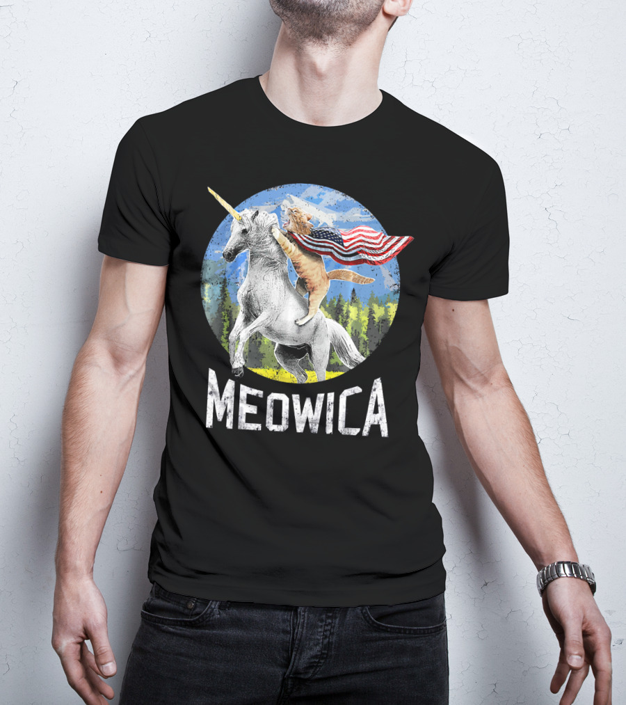 Meowica Cat Riding Unicorn With American Flag T-Shirt
