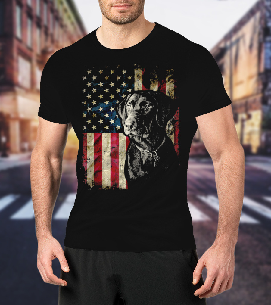 Patriotic Labrador Retriever With American Flag Background T-Shirt