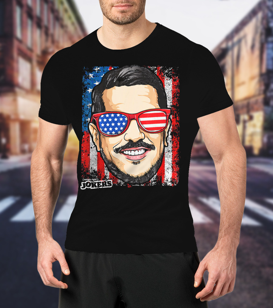 Impractical Jokers Patriotic Sal American Flag Sunglasses And Smiling Face T-Shirt