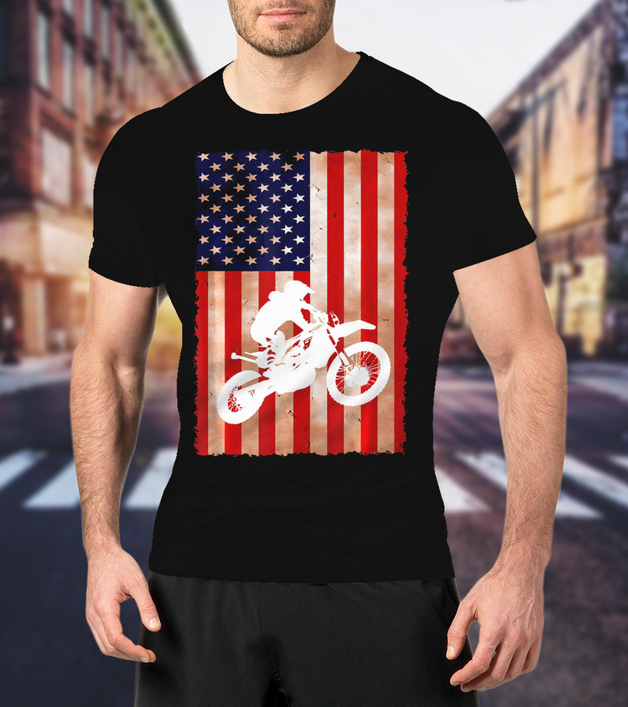 Dirt Bike Motocross American Flag Patriotic Ride USA T-Shirt