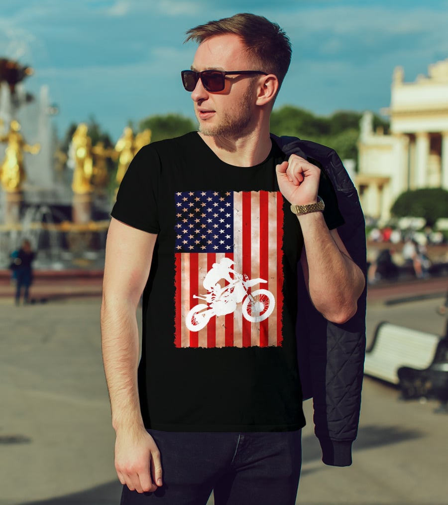 Dirt Bike Motocross American Flag Patriotic Ride USA T-Shirt