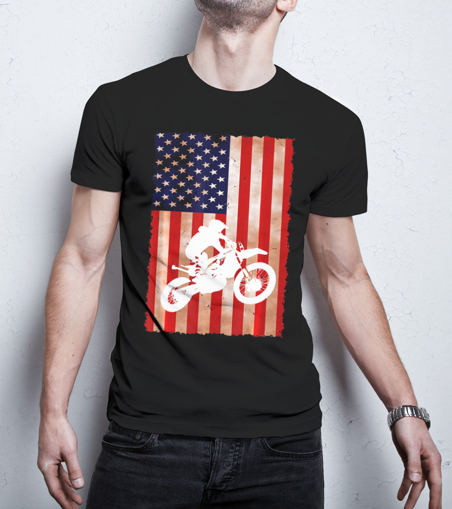Dirt Bike Motocross American Flag Patriotic Ride USA T-Shirt