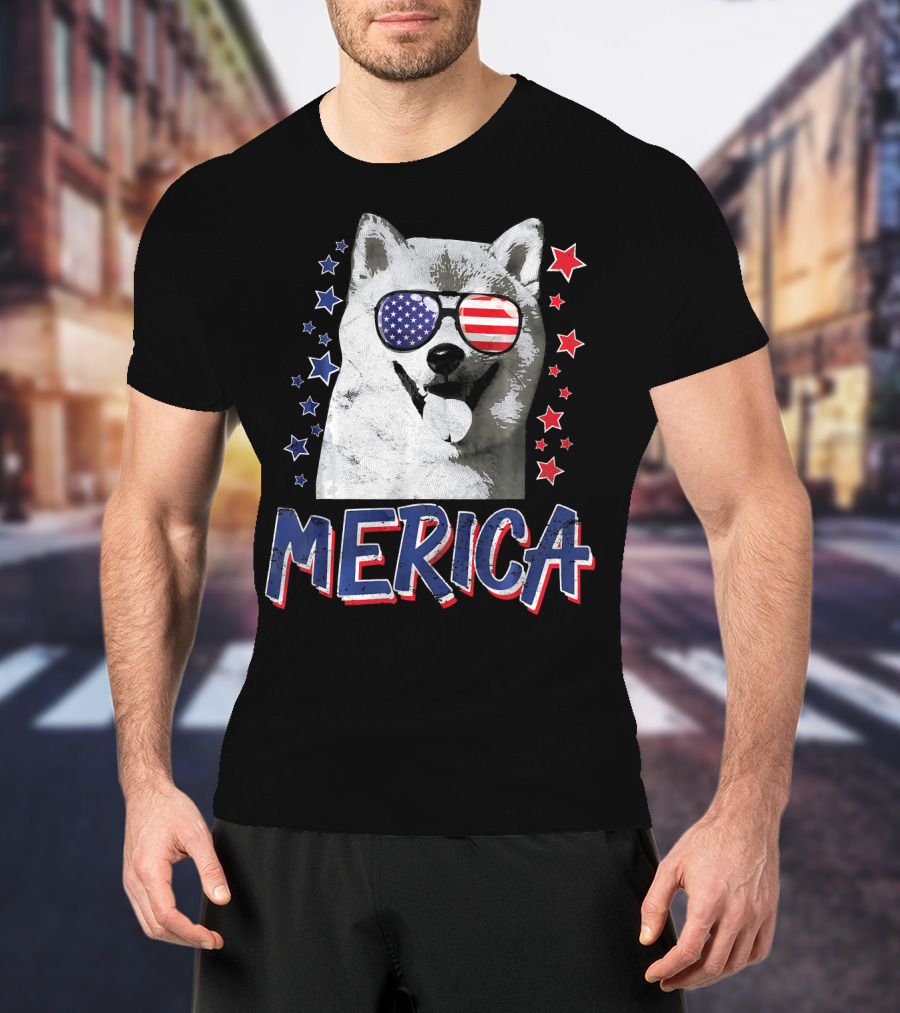 Merica Shiba Inu Dog Patriotic USA Stars And Stripes Sunglasses T-Shirt
