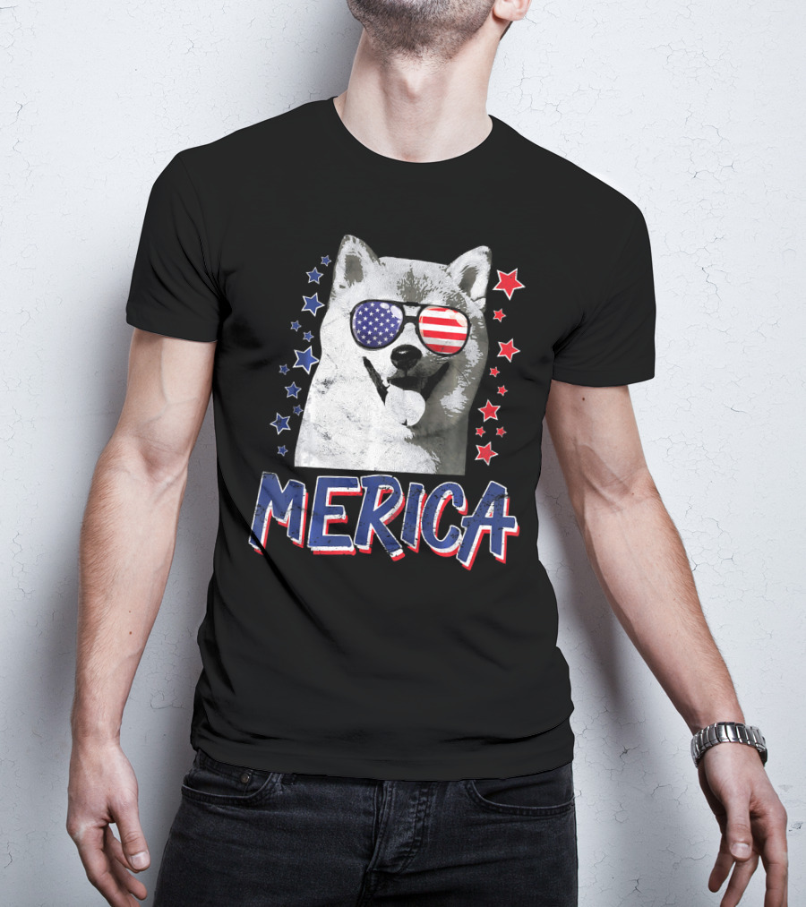 Merica Shiba Inu Dog Patriotic USA Stars And Stripes Sunglasses T-Shirt