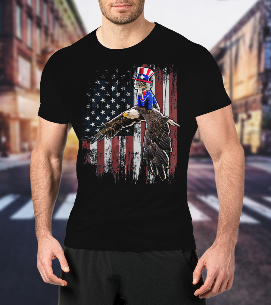 Uncle Sam Costume Cat Riding Bald Eagle On American Flag Background T-Shirt