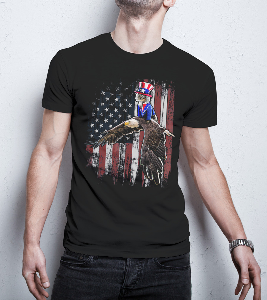Uncle Sam Costume Cat Riding Bald Eagle On American Flag Background T-Shirt