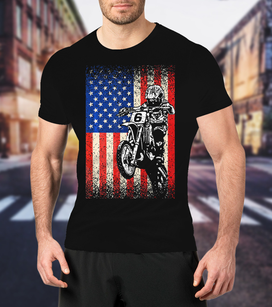 Dirt Bike American Flag Motocross Biker Number 6 T-Shirt