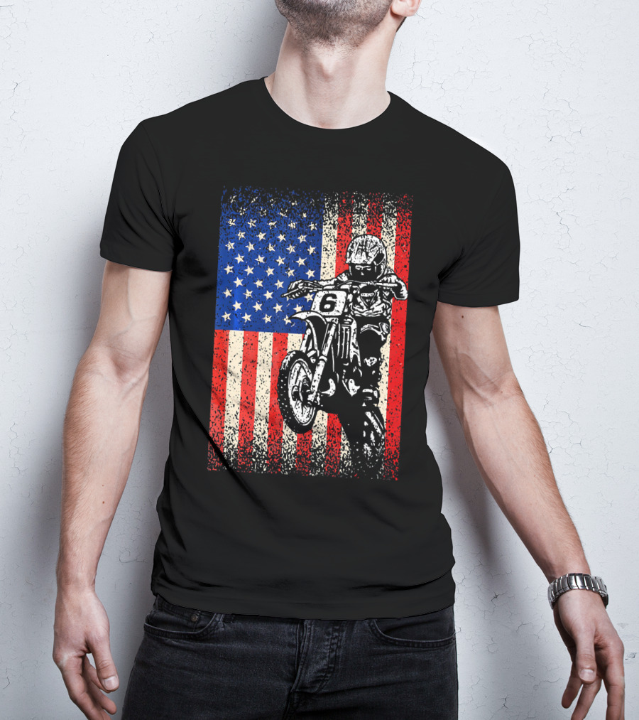 Dirt Bike American Flag Motocross Biker Number 6 T-Shirt