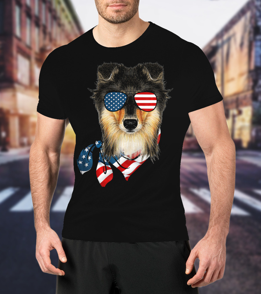 Sheltie Dog With American Flag Sunglasses And Bandana Patriotic T-Shirt