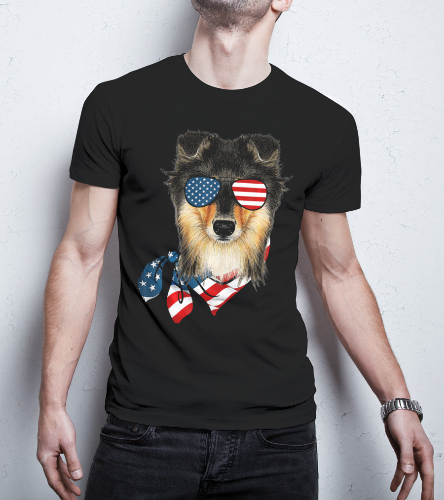 Sheltie Dog With American Flag Sunglasses And Bandana Patriotic T-Shirt