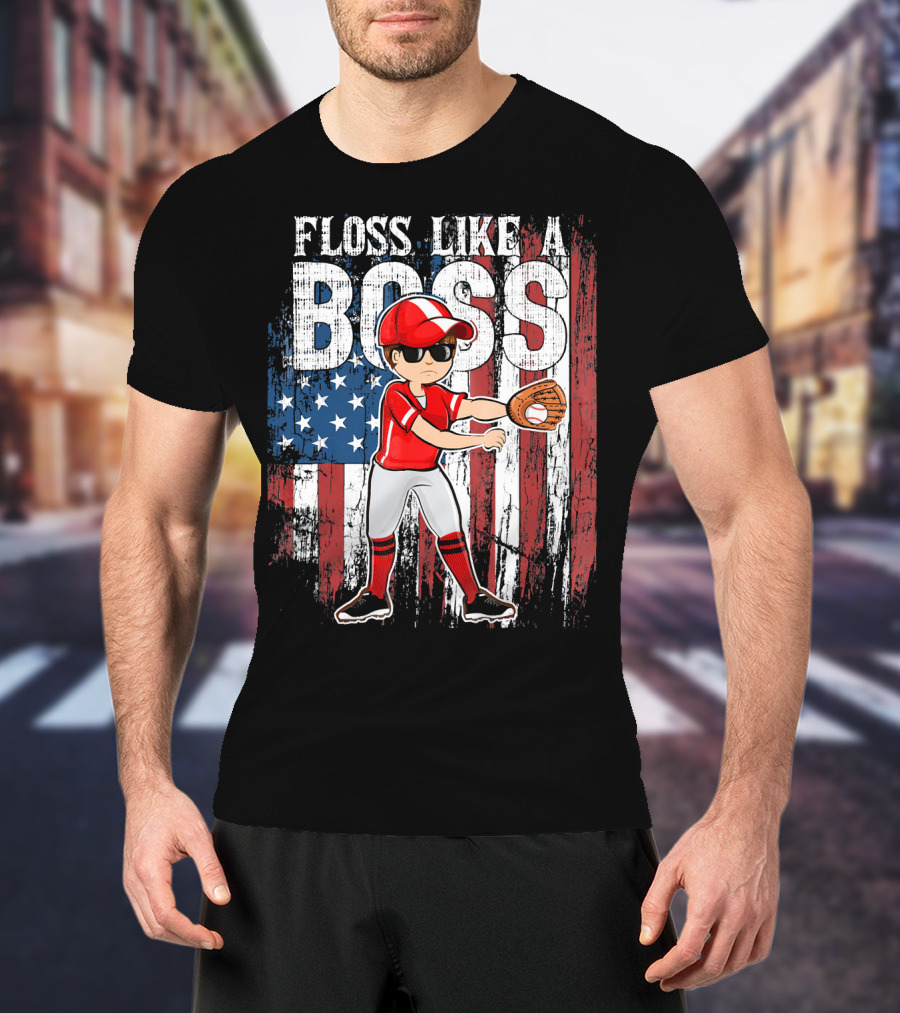 Floss Like A Boss American Baseball Spirit With Flag Background T-Shirt