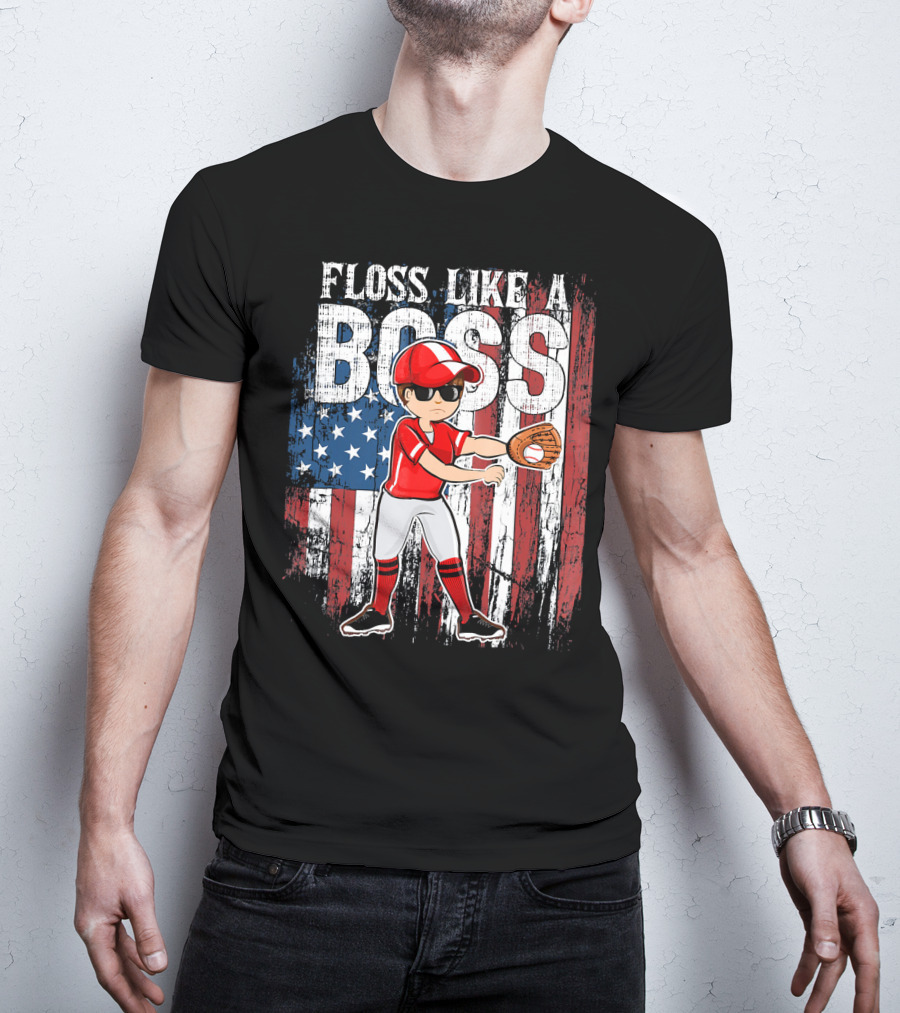 Floss Like A Boss American Baseball Spirit With Flag Background T-Shirt