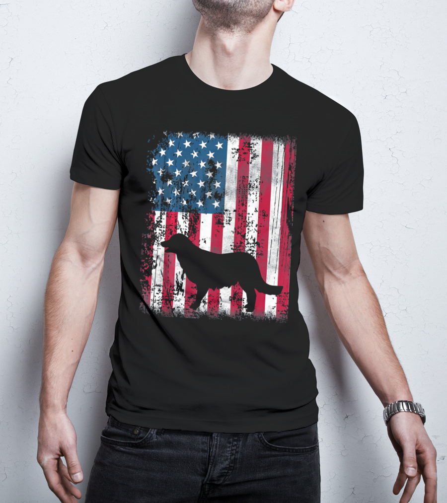 Golden Retriever Silhouette Over American Flag USA T-Shirt