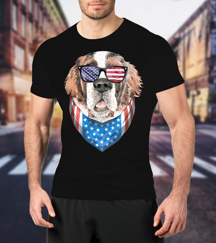 Fourth Of July American Flag Dog Sunglasses Bandana T-Shirt