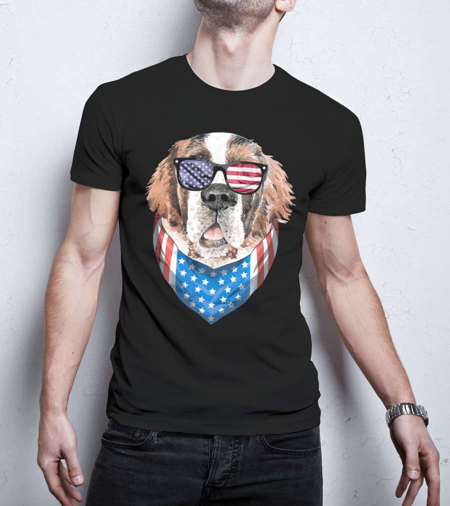Fourth Of July American Flag Dog Sunglasses Bandana T-Shirt