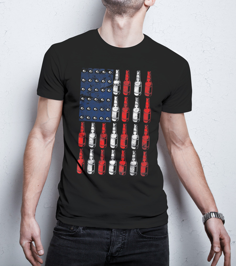 Patriotic American Flag Made Of Beer Bottles In Red White Blue T-Shirt