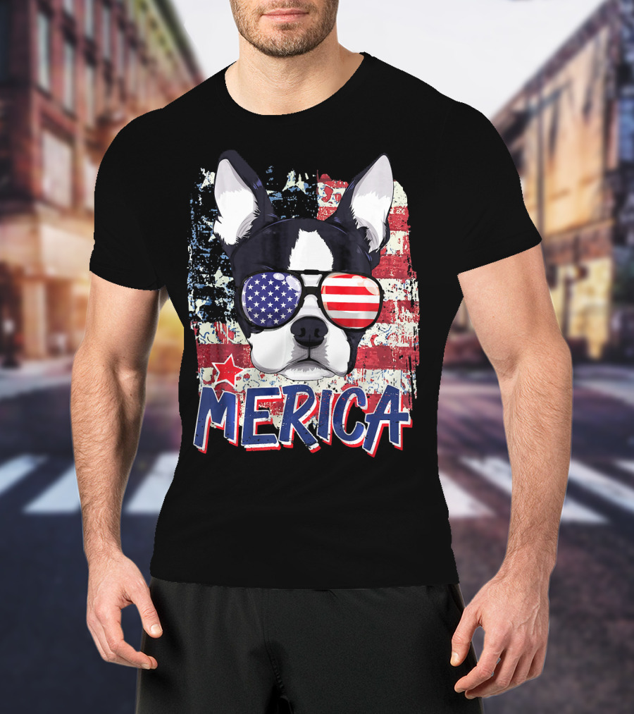 Merica Boston Terrier American Flag Sunglasses T-Shirt