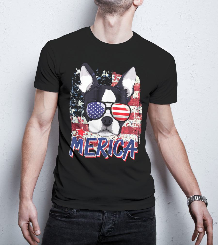Merica Boston Terrier American Flag Sunglasses T-Shirt