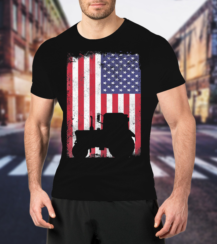 Tractor Silhouette Against Distressed American Flag Patriotic T-Shirt